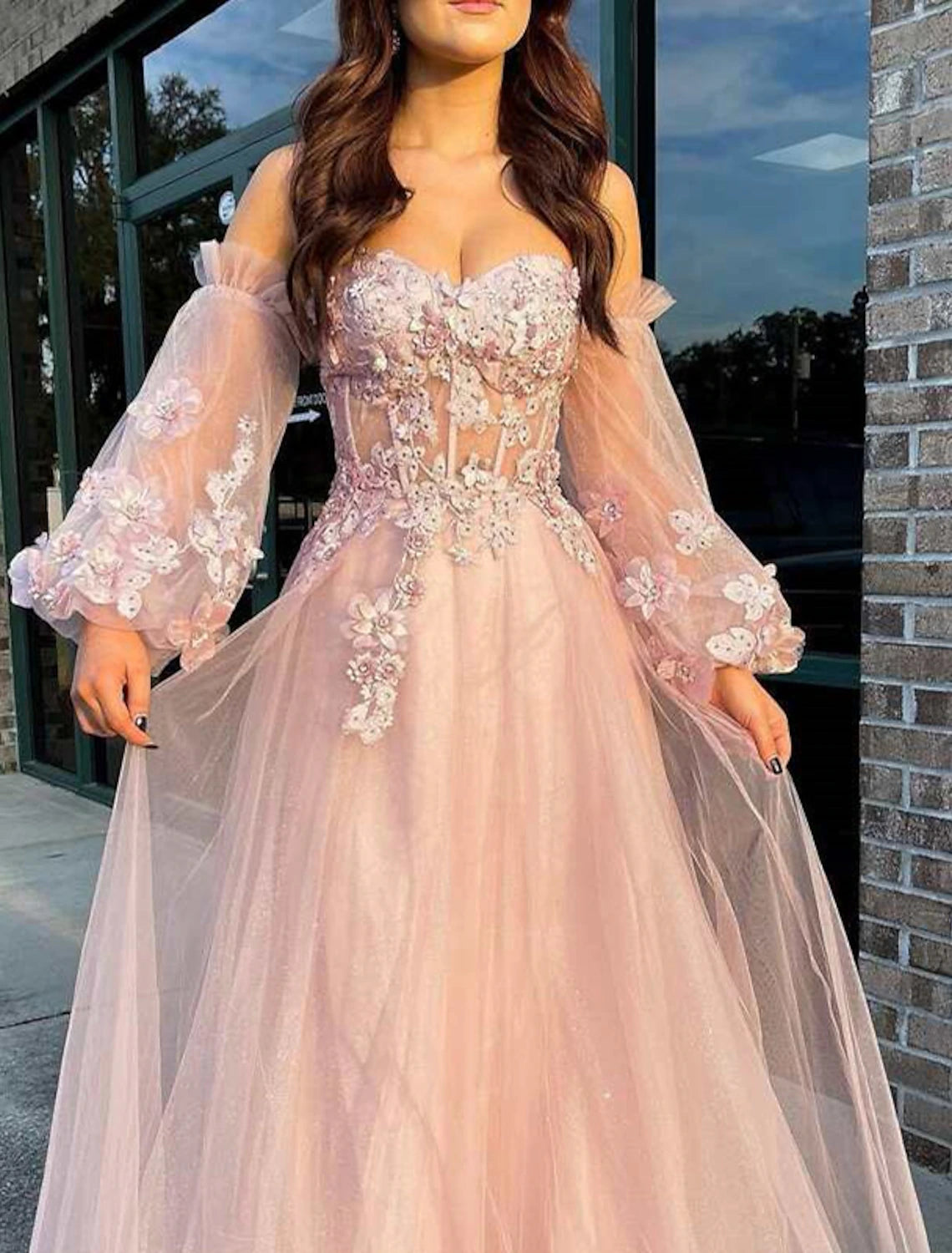Abiti da ballo a trapezio, scintillanti, lunghi fino al pavimento, a maniche lunghe, senza spalline, in tulle con paillettes
